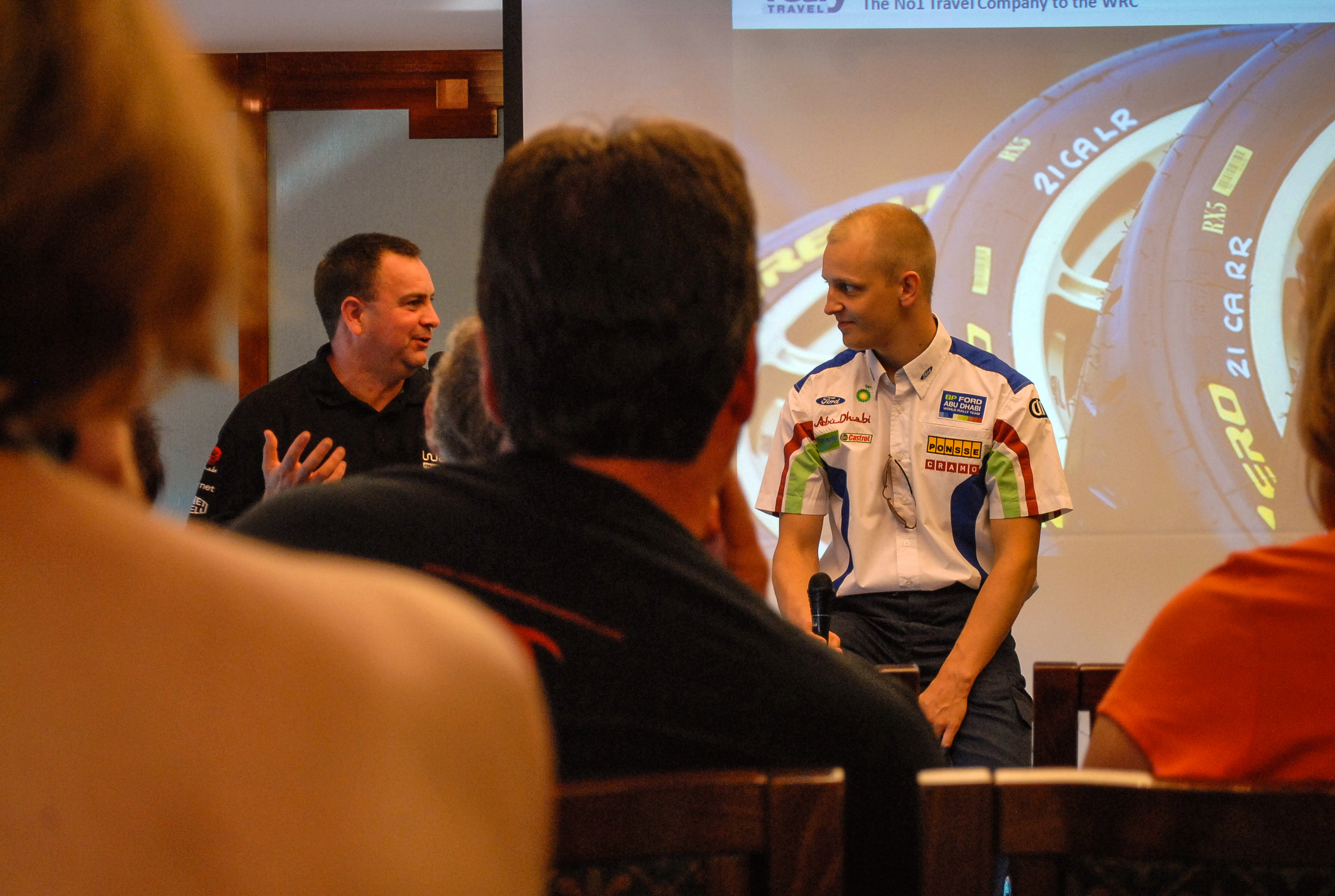 As part of our rally package, we got a "press conference" with Julian Porter and Mikko Hirvonen.  It was pretty awesome. (Finland 2009)<br />07/30/2009 @ 04:39<br />Camera: NIKON D200<br />Lens: AF-S DX VR Zoom-Nikkor 18-55mm f/3.5-5.6G