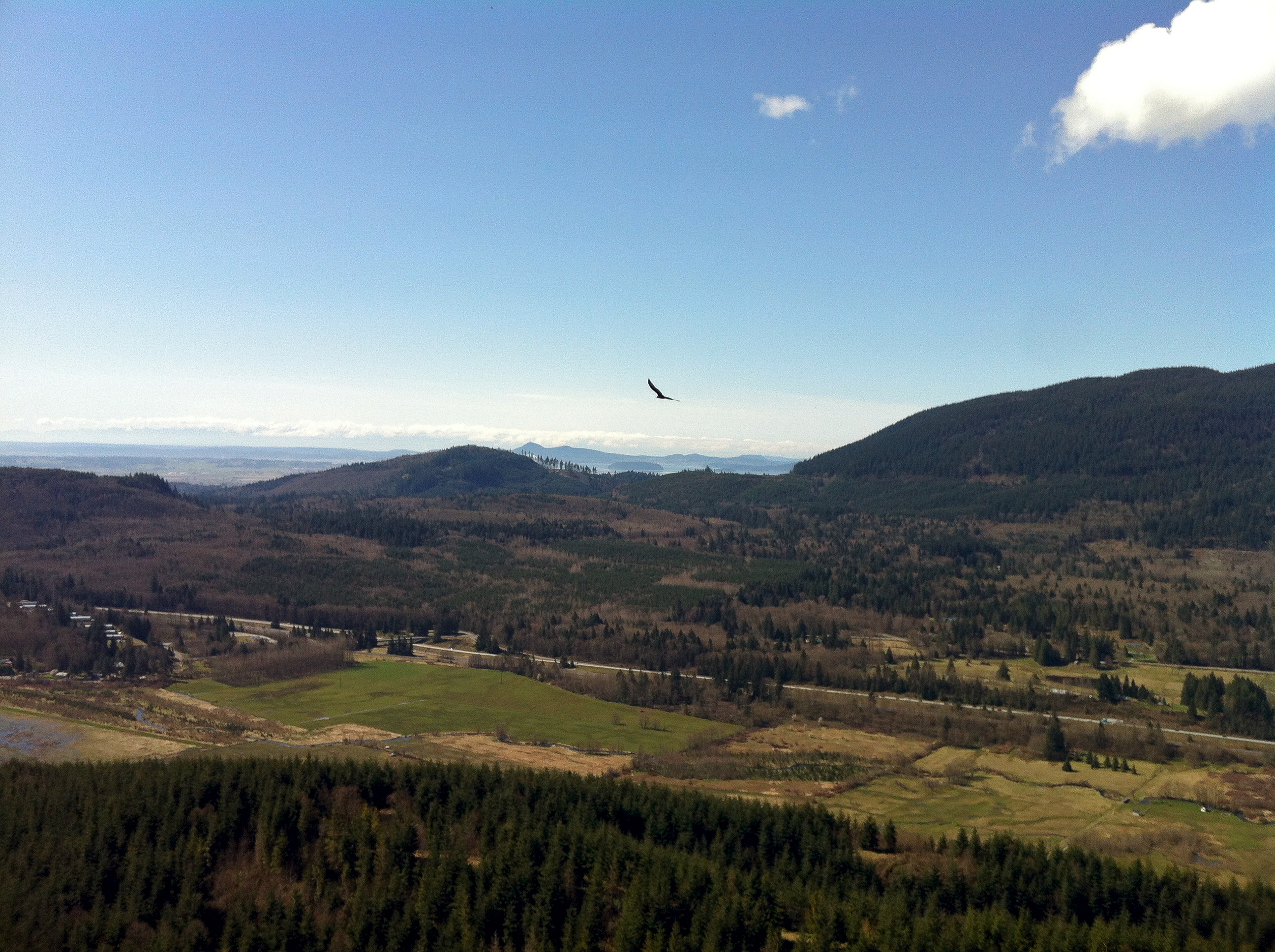 Looking West from the top of Alger Alp. The sound, the valley, a bird, the freeway.<br />04/07/2012 @ 12:09<br />Camera: iPhone 4