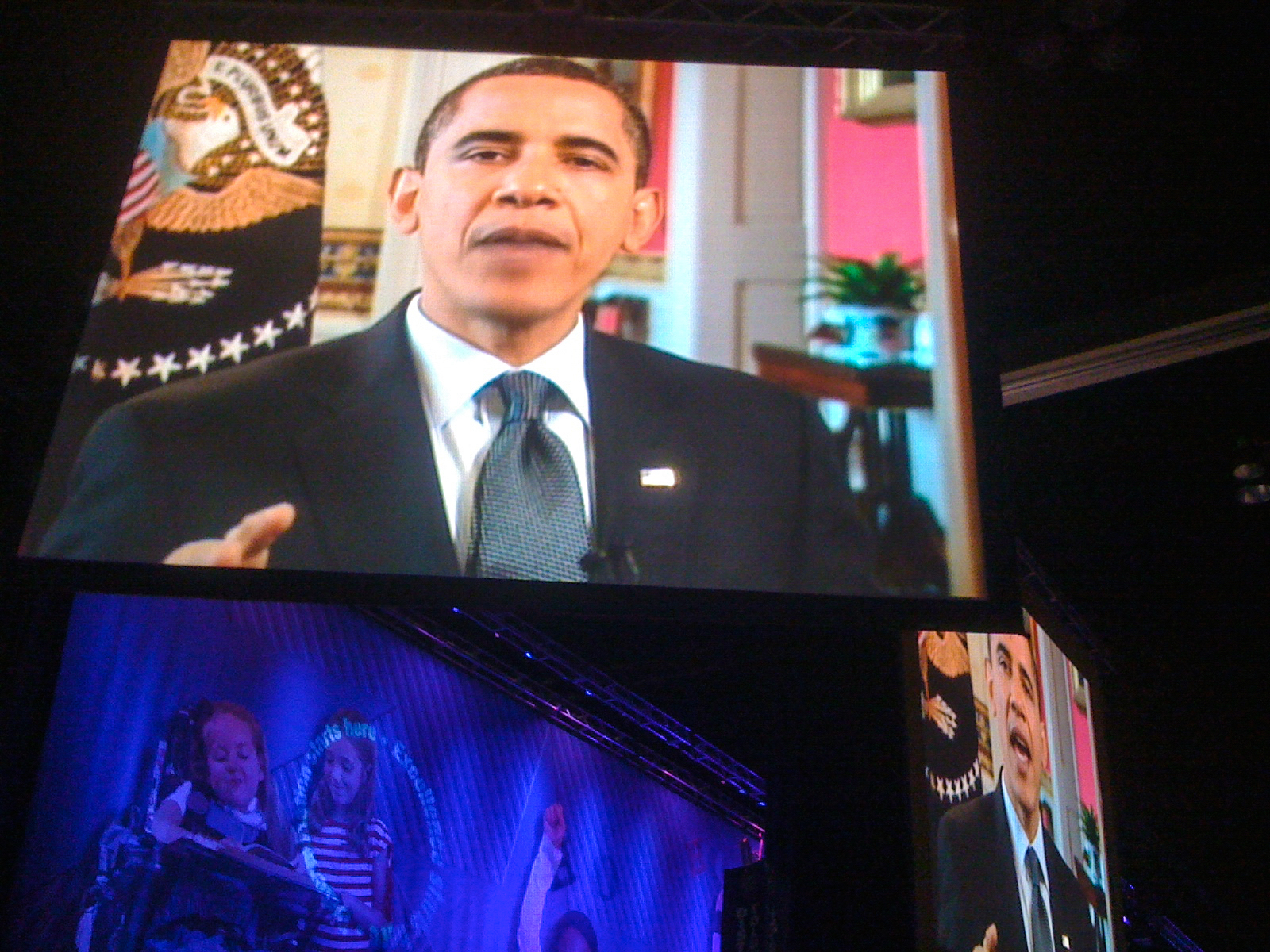 Picture of a picture of a pre-recorded speech by our president to the 15,000 union folk in attendance at the 2009 National Education Association's Representative Assembly.<br />07/05/2009 @ 12:37<br />Camera: iPhone